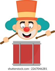 vector illustration face of a cartoon clown with a cheerful expression, playing drum with chopsticks