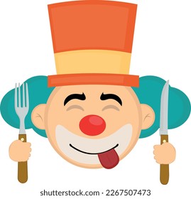 vector illustration face of a cartoon clown with an expression of yummy that delicious, with a knife and fork in his hands