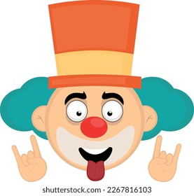 vector illustration face of a cartoon clown with his tongue out and his hands making the classic heavy metal gesture