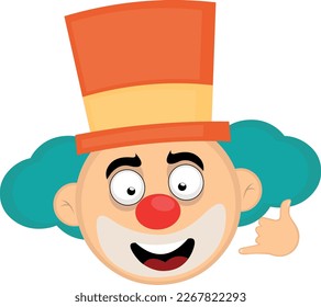 vector illustration face of a cartoon clown with a cheerful expression, making a call me by phone or shake gesture with his hand