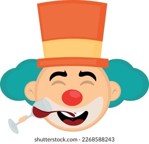 vector illustration face of a cartoon clown drinking a glass of wine