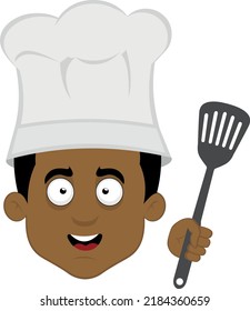 Vector illustration of the face of a cartoon cook with a hat and a spatula in his hand