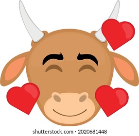 Vector illustration of the face of a cartoon cow surrounded by hearts