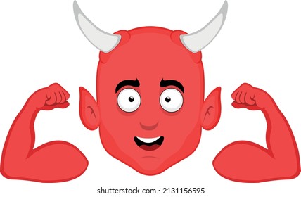 Vector illustration of the face of a cartoon demon showing the biceps of the arms