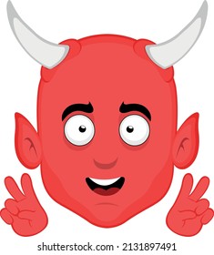 Vector illustration of the face of a cartoon demon with a cheerful expression and making with his hands the classic gesture of love and peace