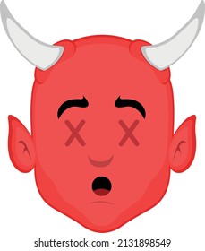 Vector illustration of the face of a cartoon demon with crosses in the eyes, in concept of dead character