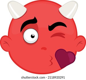 Vector illustration of the face of a cartoon devil giving a heart-shaped kiss