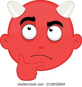 Vector illustration of the face of a cartoon devil with a thinking or doubt expression