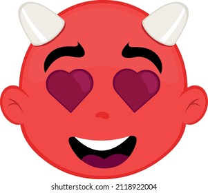 Vector illustration of the face of a cartoon devil with heart-shaped eyes, in concept of love and valentine