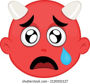 Vector illustration of the face of a cartoon devil with a sad expression and tears falling from his eye