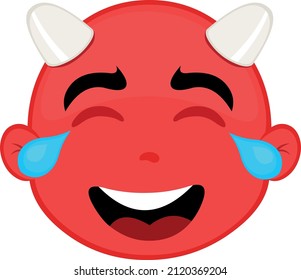 Vector illustration of the face of a cartoon devil with a happy expression and tears of laughter