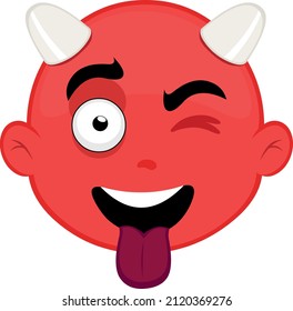 Vector illustration of the face of a cartoon devil with a happy expression, winking and with his tongue out