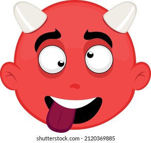 Vector illustration of the face of a cartoon devil with a crazy expression, with crossed eyes and tongue out