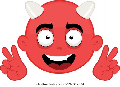 Vector illustration of the face of a cartoon devil making a gesture of love and peace with his hands