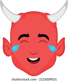 Vector illustration of the face of a cartoon devil with a happy expression and tears of laughter