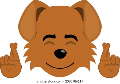 Ilustración vectorial de la cara de un perro de dibujos animados cruzando los dedos de sus manos, en concepto de buena suerte