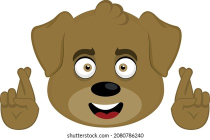 Vector illustration of the face of a cartoon dog crossing the fingers of his hands, in concept of good luck