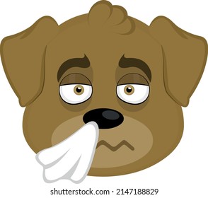 Vector illustration of the face of a cartoon dog with a cold expression and a handkerchief on his nose