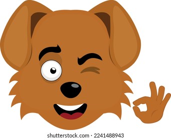 vector illustration of the face of a cartoon dog with a happy expression, winking and with a hand gesture of ok or perfect