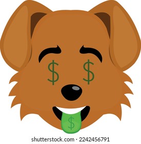 vector illustration of the face of a cartoon dog with the symbol dolar in the eyes and tongue