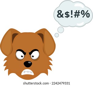 vector illustration of the face of a cartoon dog with an angry expression and a thought cloud with a text of insult