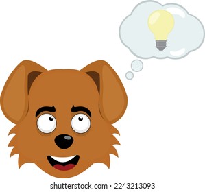 vector illustration of the face of a cartoon dog with a cloud of thought and a light bulb, in concept of good idea or creativity