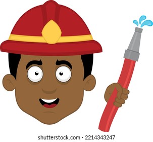 Vector illustration of the face of a cartoon firefighter with a helmet and a hose in his hand