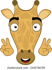 Vector illustration of the face of a cartoon giraffe with a happy expression, making the classic gesture of love and peace or v victory with his hands