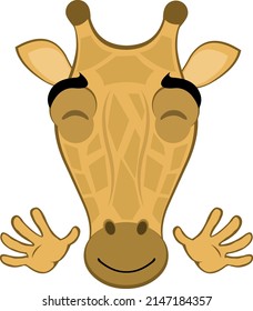 Vector illustration of the face of a cartoon giraffe with a happy expression and waving with his hands