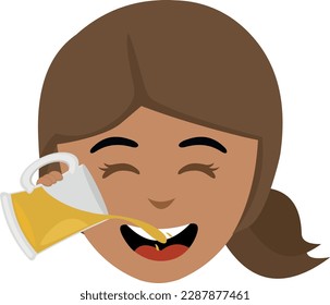 vector illustration face of a cartoon girl drinking a glass of beer