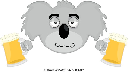 Vector illustration of the face of a cartoon koala drunk and with beers in his hands