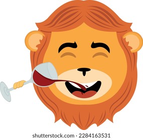 vector illustration face of a cartoon lion drinking a glass of wine