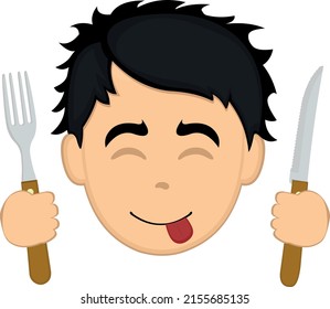 Vector illustration of the face of a cartoon man with a yummy expression, with a knife and fork in his hands