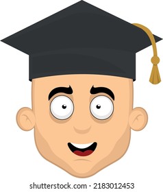 Vector illustration of the face of a cartoon man with a cheerful expression and a graduation hat