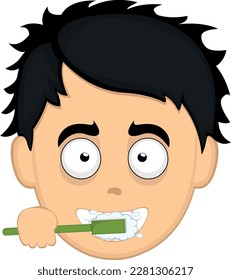 vector illustration face of a cartoon man brushing his teeth with a toothbrush