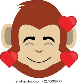 Vector illustration of the face of a cartoon monkey, with a happy expression and surrounded by hearts