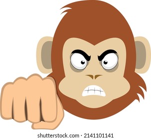 Ilustración vectorial de la cara de un mono de dibujos animados o gorila, con una expresión furiosa y dando un puñetazo