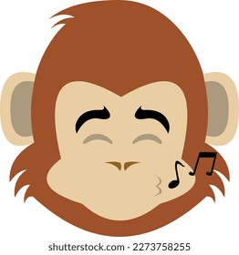 vector illustration face of a cartoon monkey whistling with musical notes on his lips