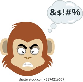 vector illustration face of a cartoon monkey with an angry expression, with a cloud thought with an insult text