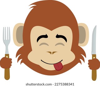 vector illustration face of a cartoon monkey with an expression of yummy that delicious, with a knife and fork in his hands