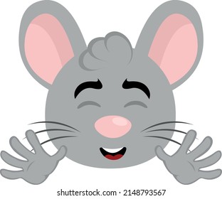 Vector illustration of the face of a cartoon mouse with a happy expression and waving with his hands