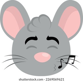 vector illustration face of a cartoon mouse whistling with musical notes on his lips