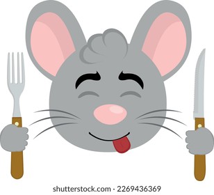 vector illustration face of a cartoon mouse with an expression of yummy how delicious, with a knife and fork in his hands