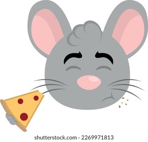 vector illustration face of a cartoon mouse eating a pizza