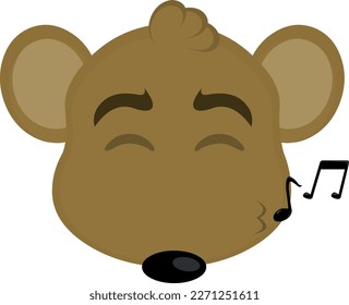 vector illustration face of a cartoon mouse brown, whistling with musical notes on the lips