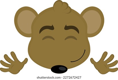 Vector illustration of the face of a cartoon mouse with a happy expression and waving with his hands