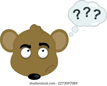 vector illustration face of a cartoon mouse with a thinking or doubtful expression, with a thought cloud with question marks