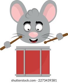 vector illustration face of a cartoon mouse with chopsticks in hands playing a drum
