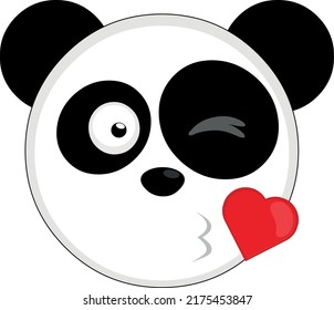 Vector illustration of the face of a cartoon panda bear giving a heart shaped kiss