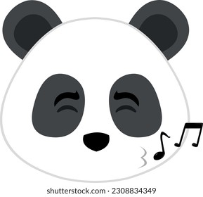 vector illustration face of a cartoon panda bear whistling with musical notes on his lips